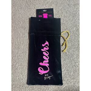 Betsey Johnson Cheers Wine Tote Bag Black Pink Velvet Gold Drawstring Gift Bag